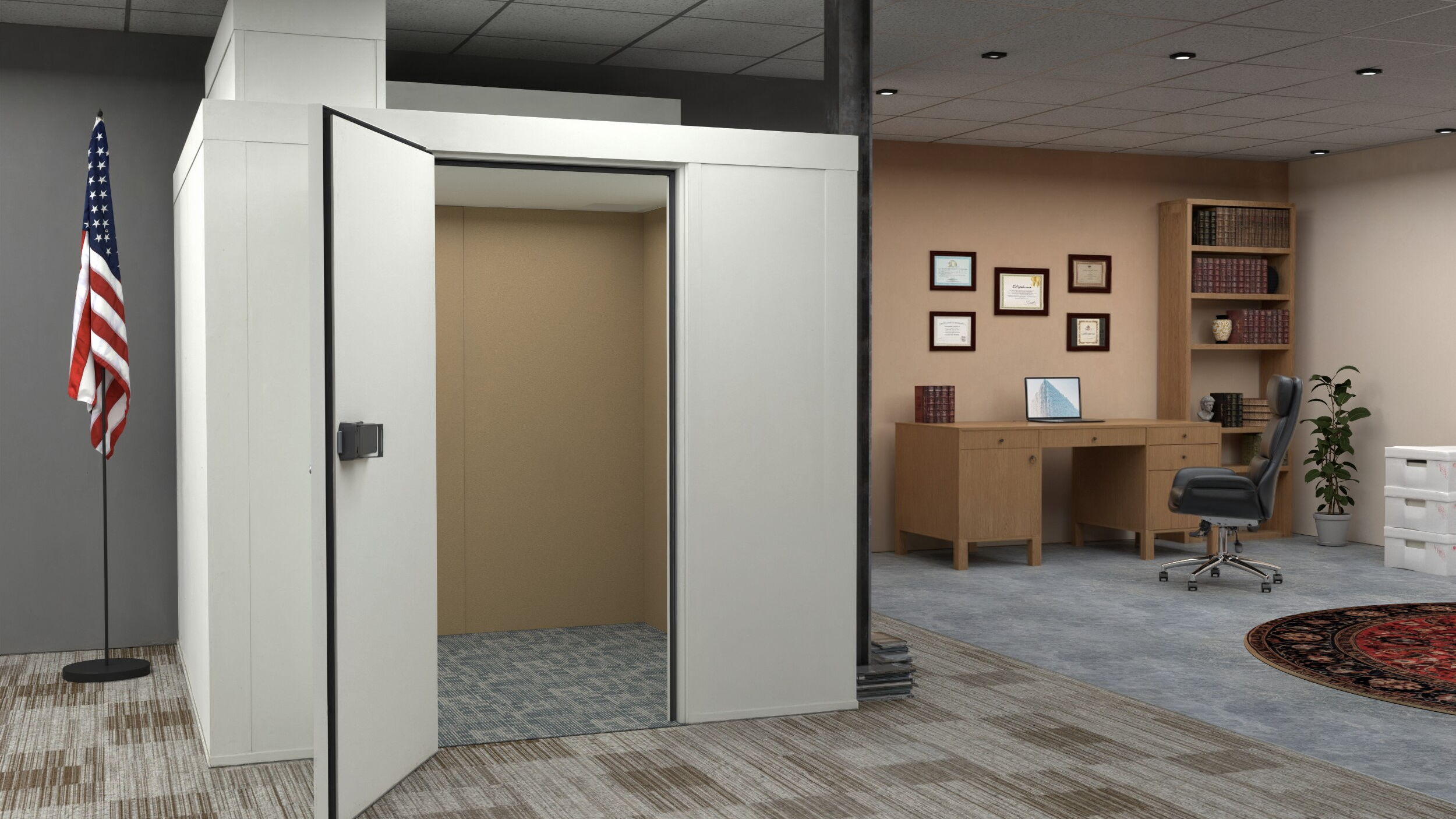 Modern office interior featuring an open elevator and American flag.