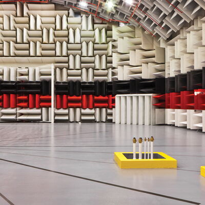 Anechoic chamber with soundproof walls for acoustic testing and research.