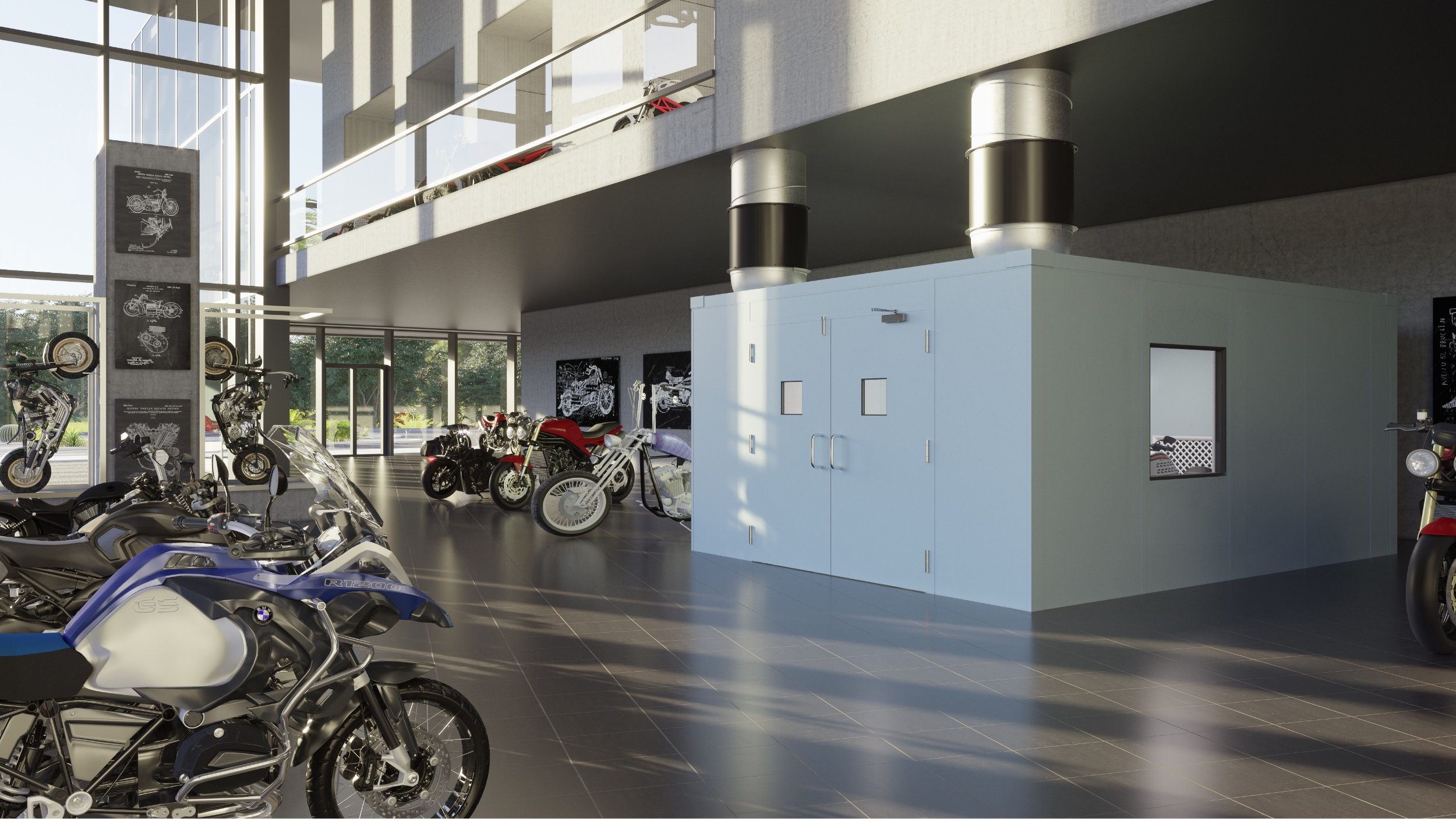 Modern motorcycle showroom with sleek designs and various bike models on display.