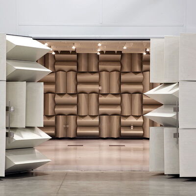 Anechoic chamber entrance showcasing unique soundproof design elements.