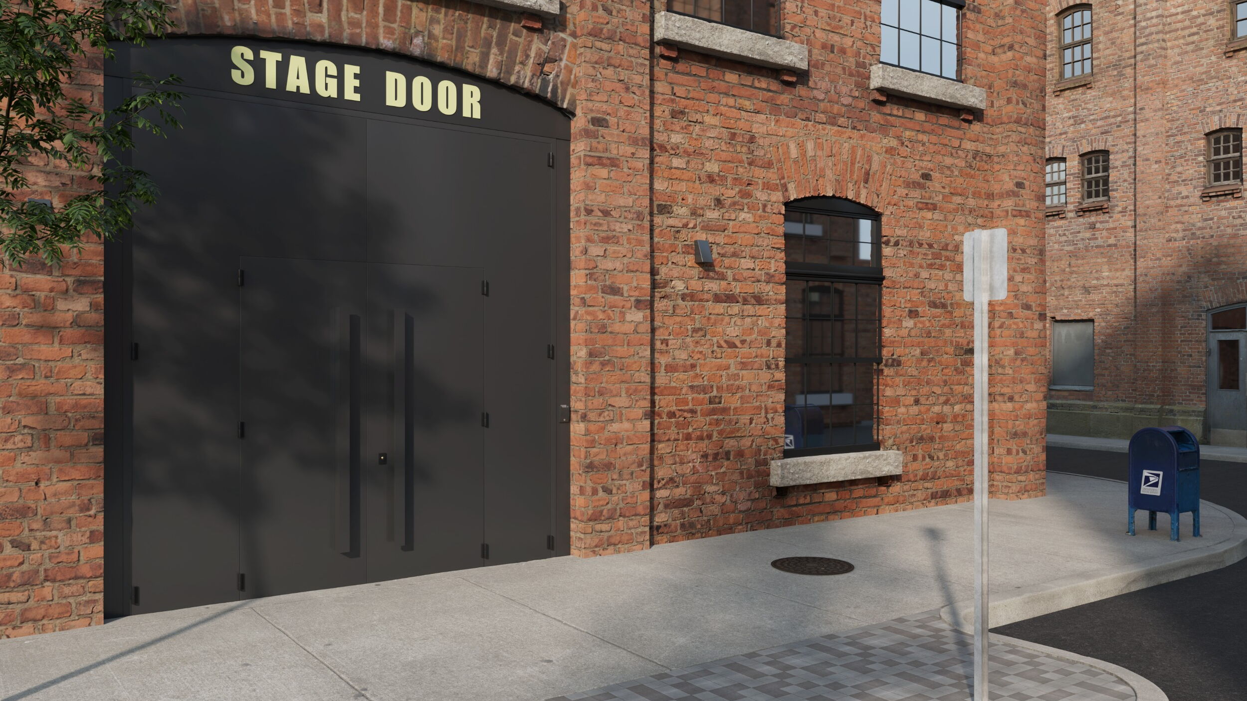 "Stage door entrance of a brick building in a city setting."