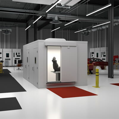 Car workshop featuring modern equipment and a testing room.