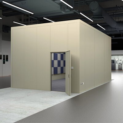 Modern interior view of a workspace with a cream-colored room divider.