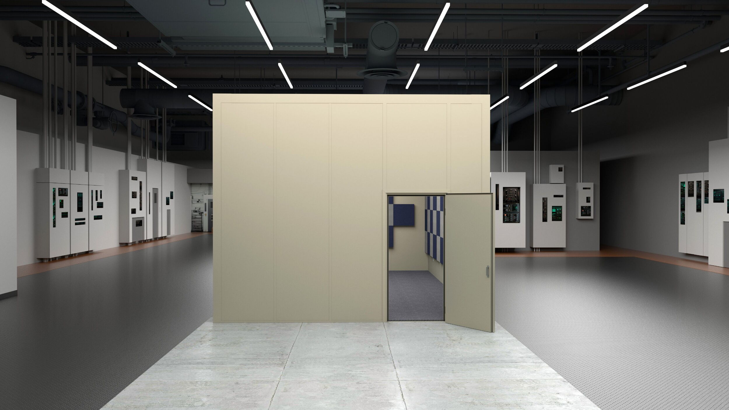 Interior view of a modern facility with an open room and equipment.