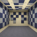 "Soundproof studio with blue and gray acoustic panels for optimal recording quality."