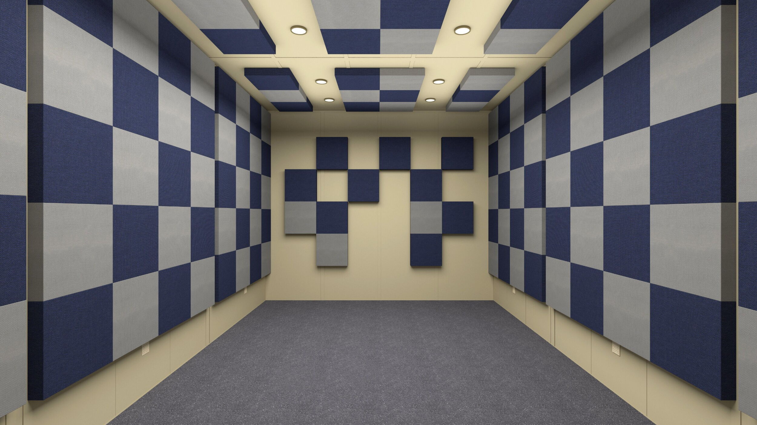 "Soundproof studio with blue and gray acoustic panels for optimal recording quality."