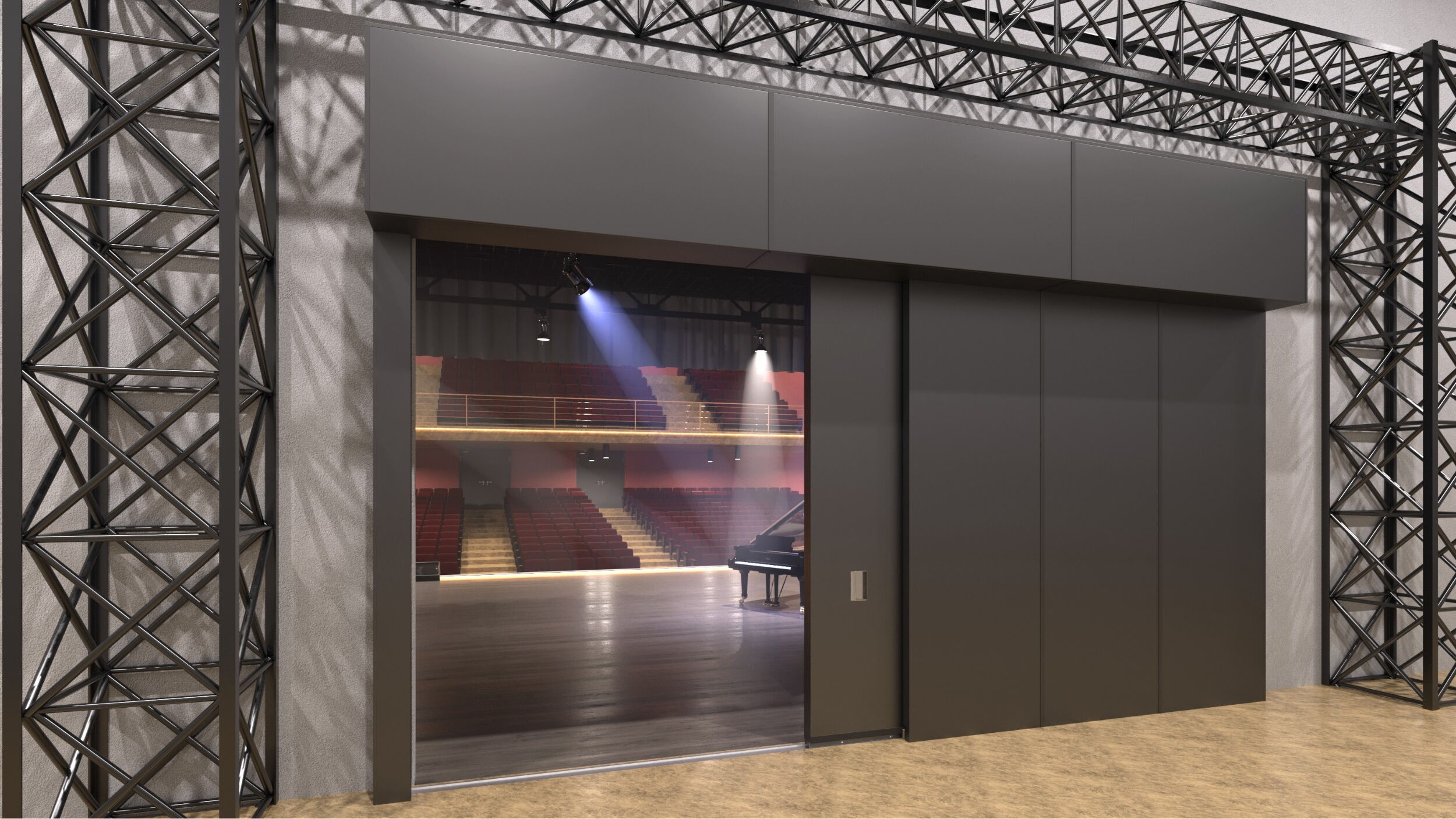 "Modern theater entrance with stage lighting and seats visible inside."