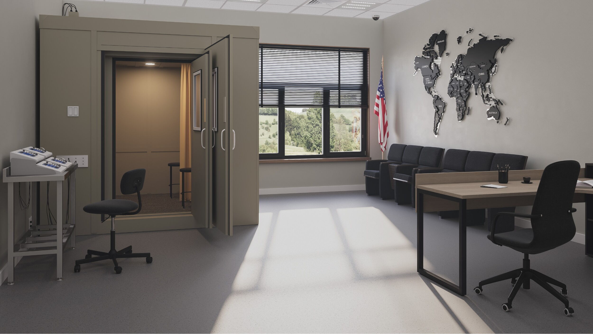 Modern office space with soundproof booth and world map decor.