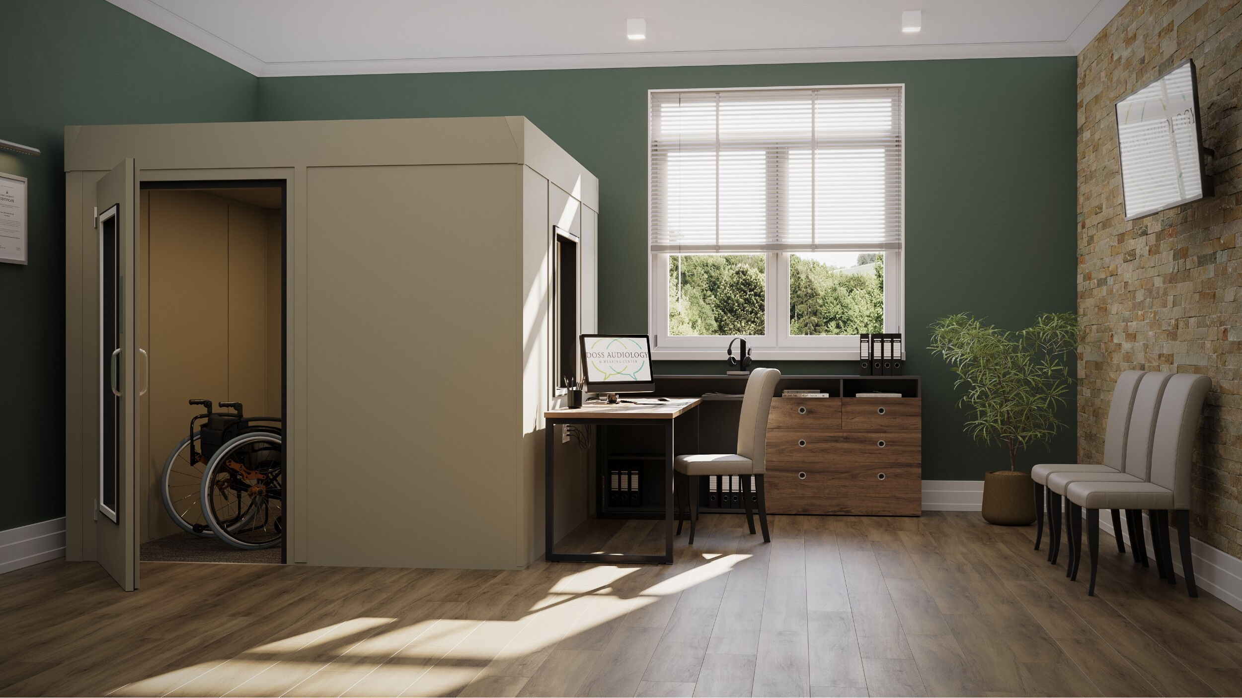 Modern audiology office with a soundproof booth and ergonomic furniture.