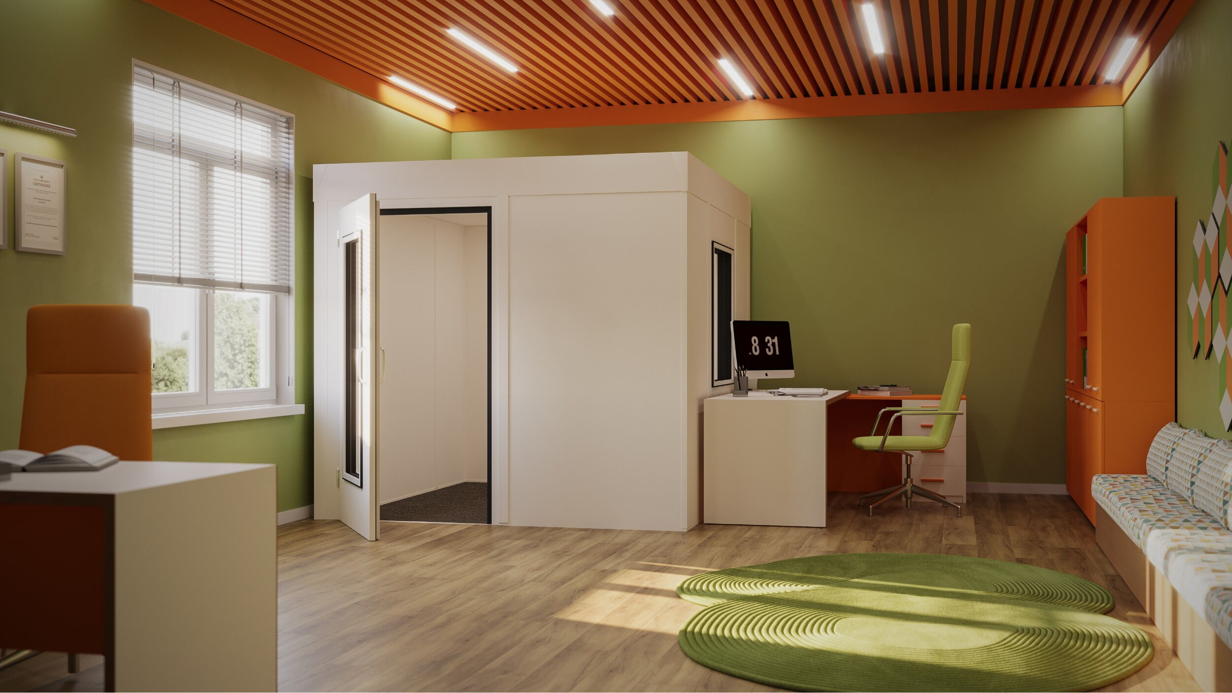 Modern office interior with a green color scheme and workspace design.