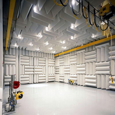 "Acoustic testing room with soundproof walls and ceiling design."