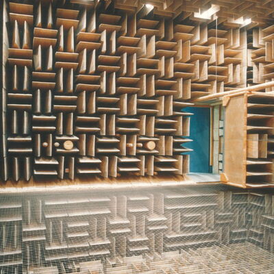 Anechoic chamber with sound-absorbing walls and floor setup.