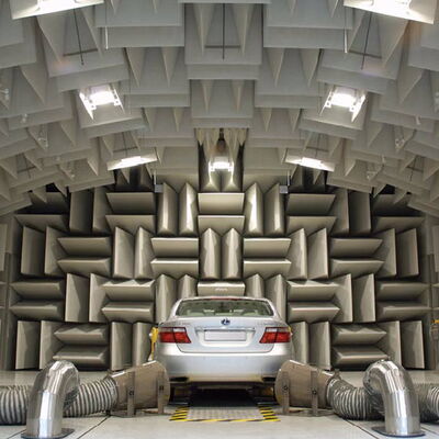 "Car in anechoic chamber for noise testing and acoustic research"