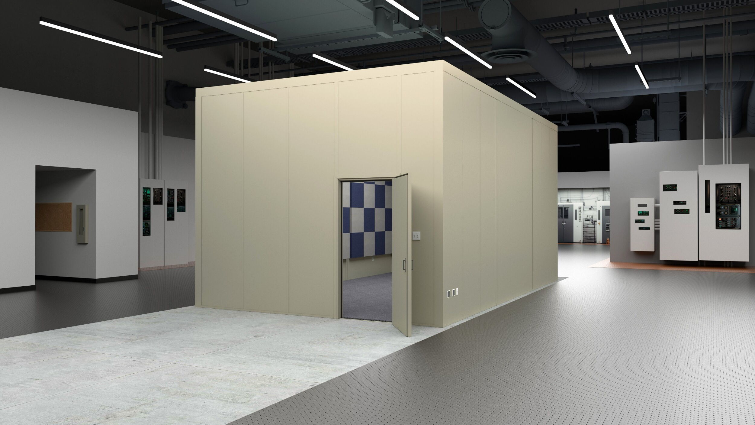 Modern industrial space with beige partition, open door, and electrical panels.
